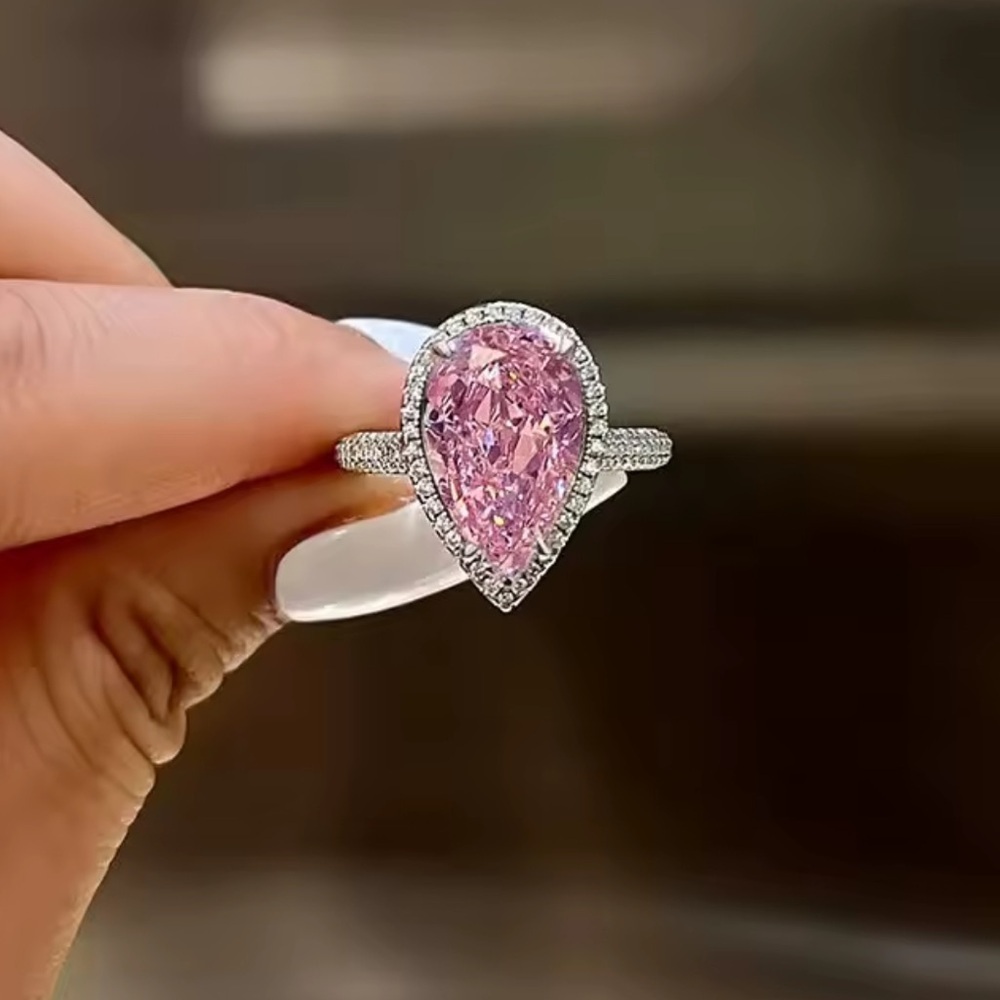 Rosé Elegance Halo Diamond Silver Ring - Picture 2 of 5